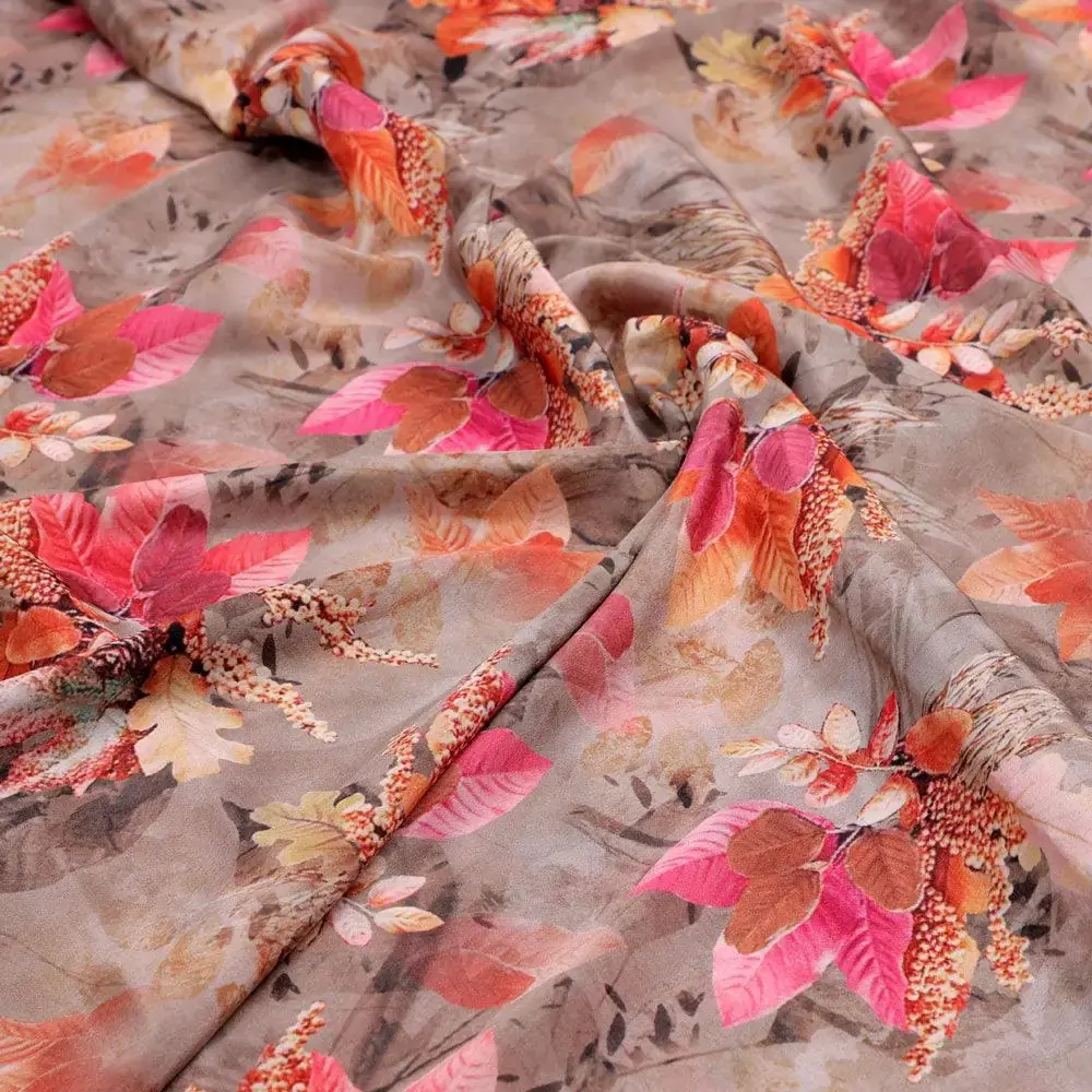 Violet Leaves Bunch Digital Printed Fabric  - Crepe - Image 3