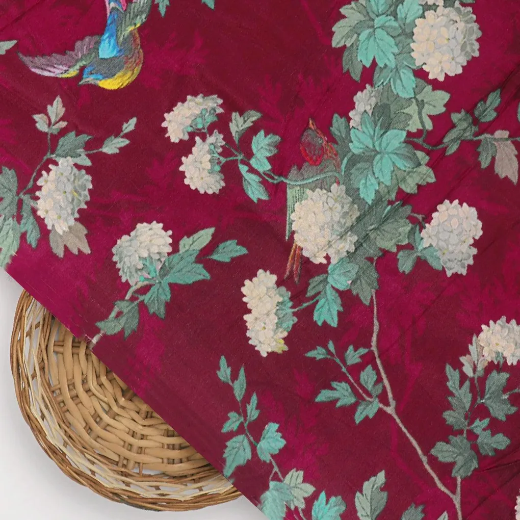 Viscose Upada Silk Digital Printed Fabric with Floral Patterns in Maroon Color - Image 2
