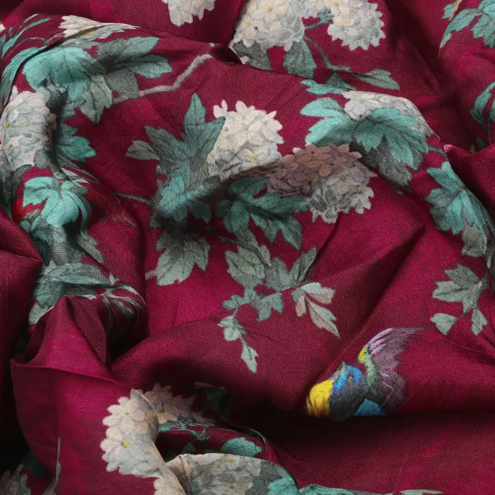 Viscose Upada Silk Digital Printed Fabric with Floral Patterns in Maroon Color - Image 3
