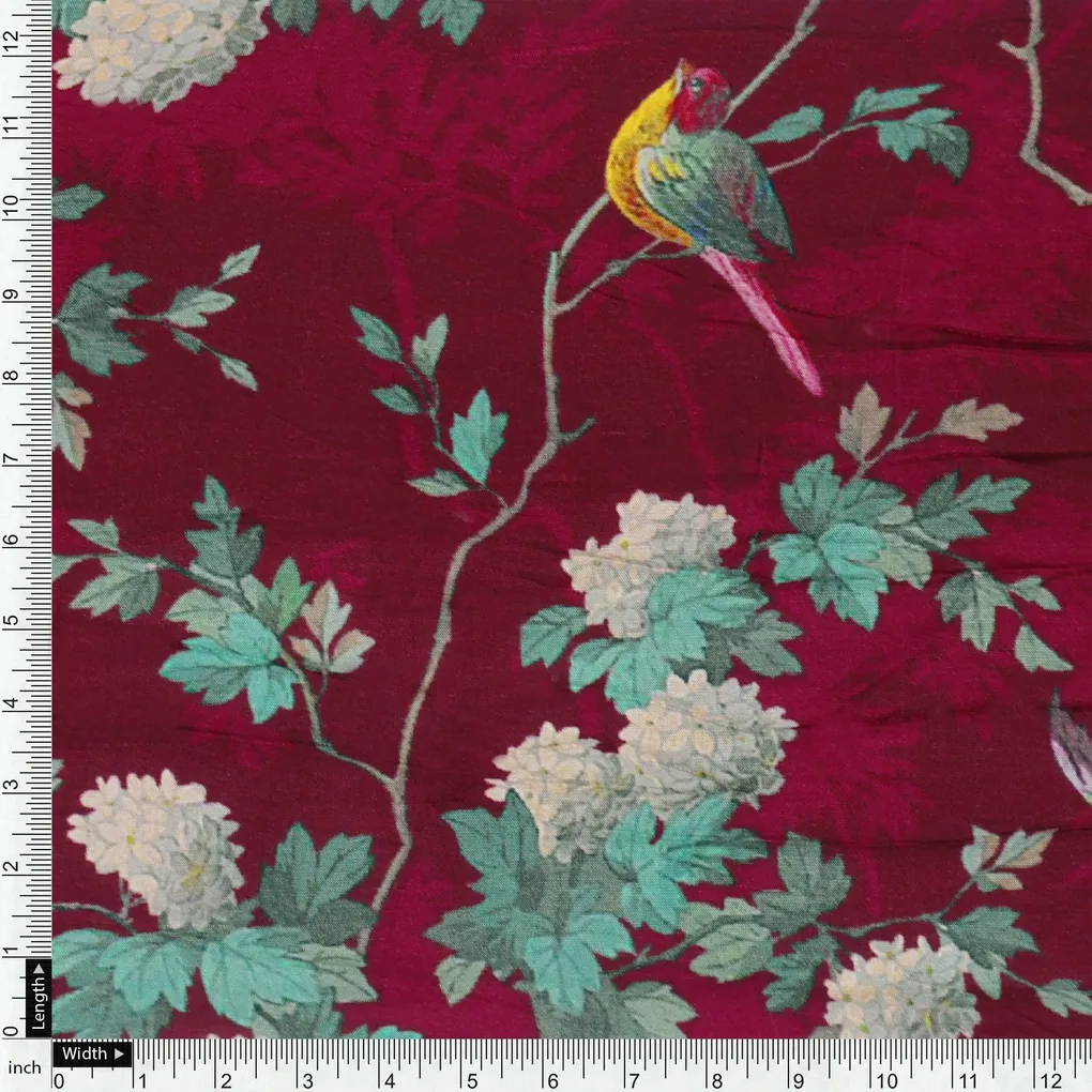 Viscose Upada Silk Digital Printed Fabric with Floral Patterns in Maroon Color - Image 4