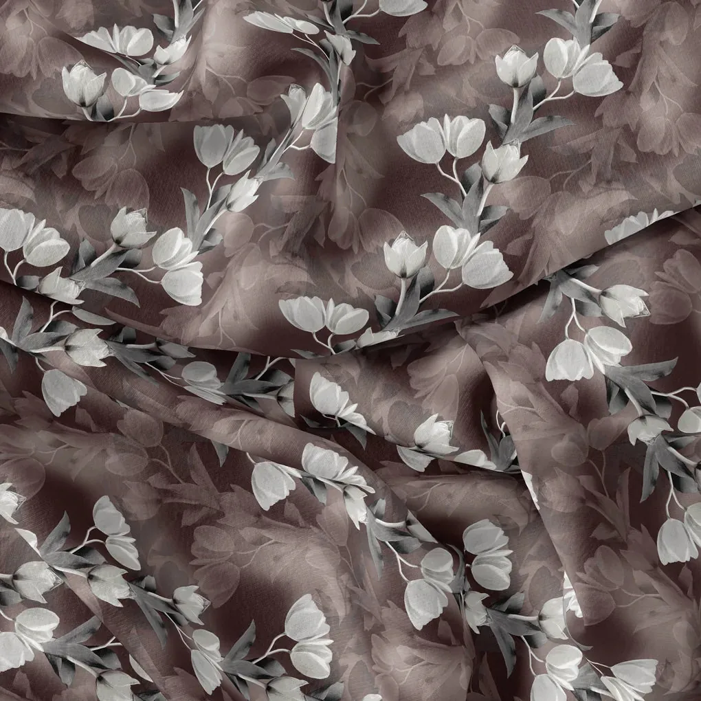 Watercolor Blooming Flower Brown Flower Digital Printed Fabric - Kora Silk - Image 4