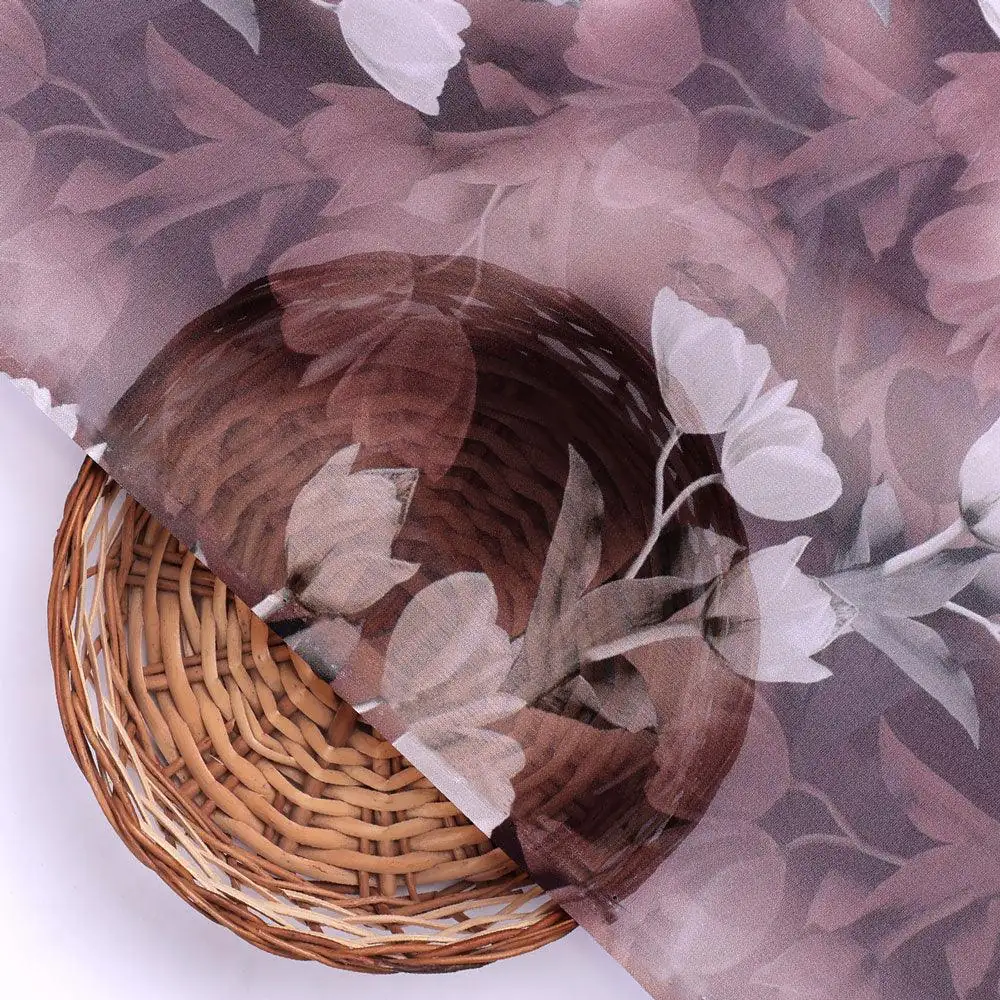 Watercolor Blooming Flower Brown Flower Digital Printed Fabric - Pure Georgette - Image 2