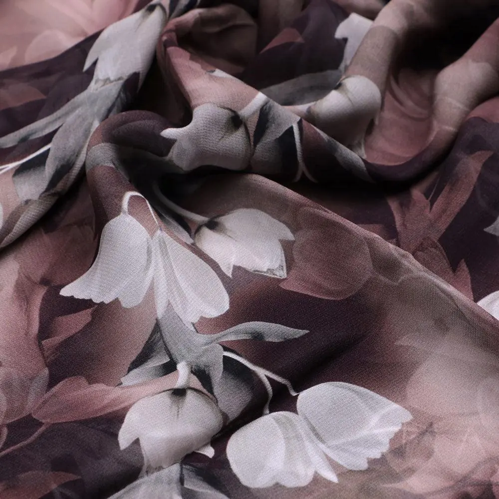 Watercolor Blooming Flower Brown Flower Digital Printed Fabric - Pure Georgette - Image 3