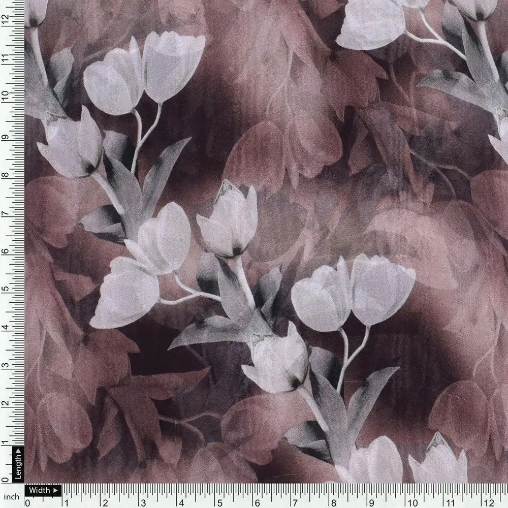 Watercolor Blooming Flower Brown Flower Digital Printed Fabric - Pure Georgette - Image 4