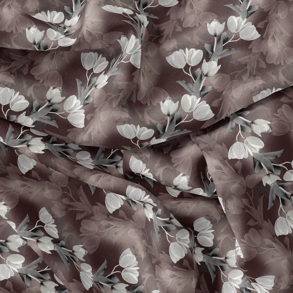 Watercolor Blooming Flower Brown Flower Digital Printed Fabric - Silk Crepe - Image 4