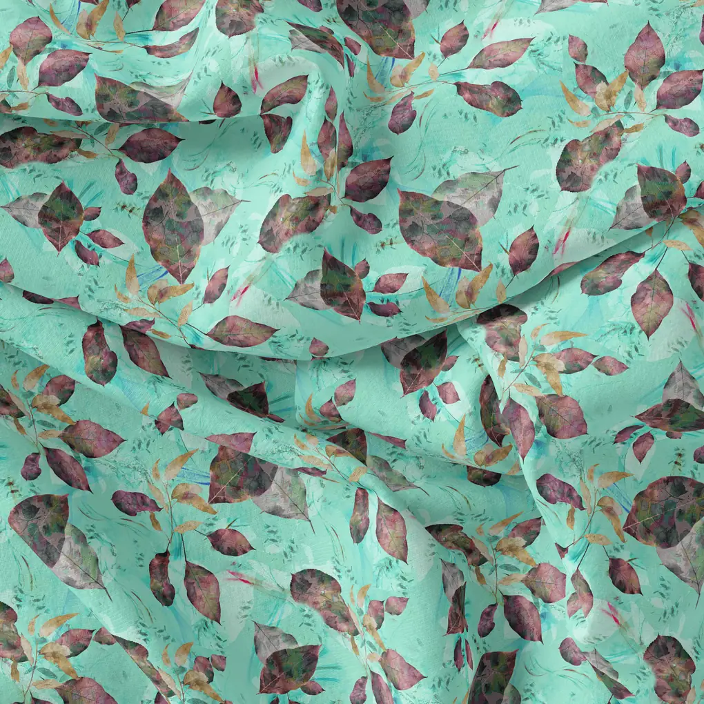 Watercolour Autumnal Leaves With Green Sprinkle Digital Printed Fabric - Image 4