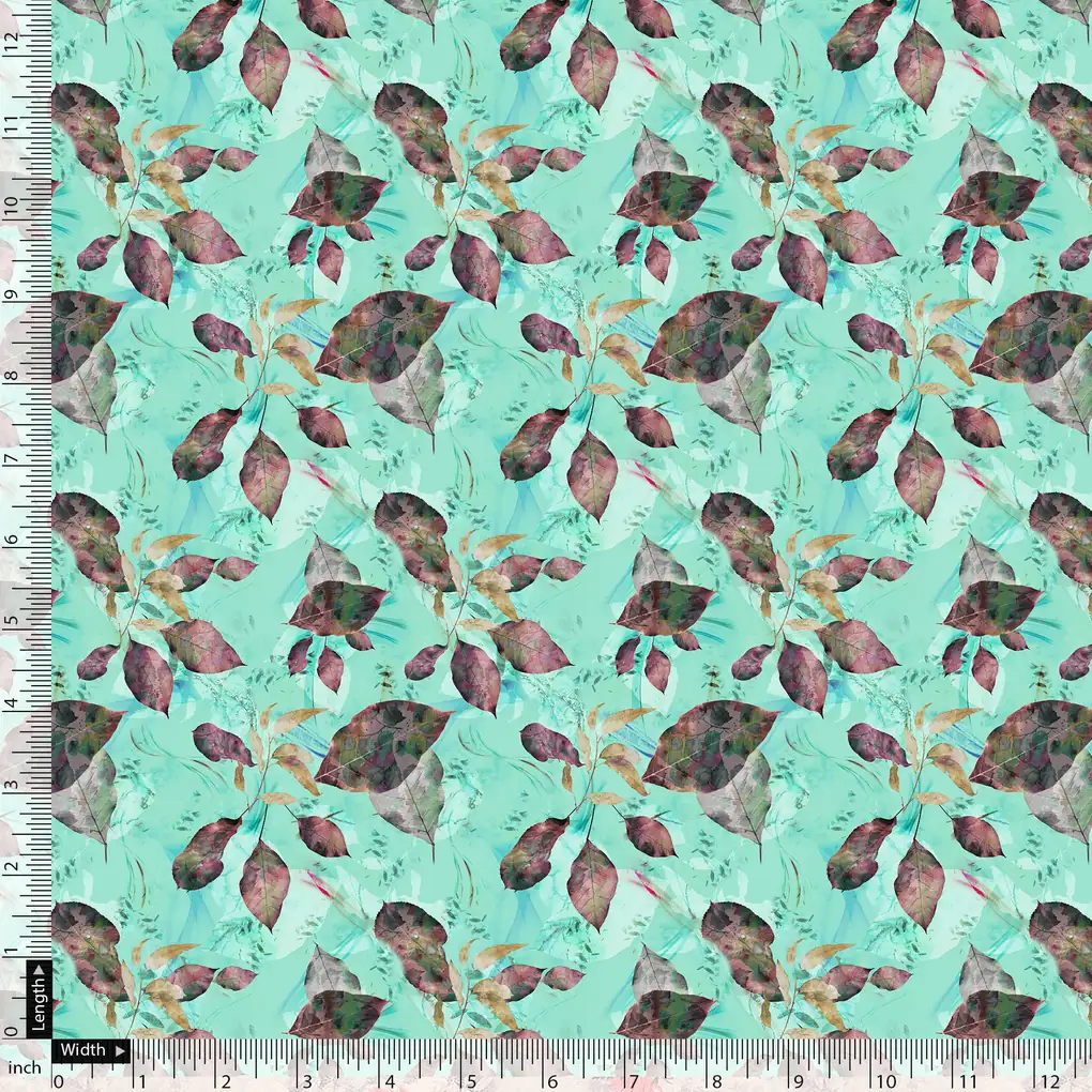 Watercolour Autumnal Leaves With Green Sprinkle Digital Printed Fabric - Image 5