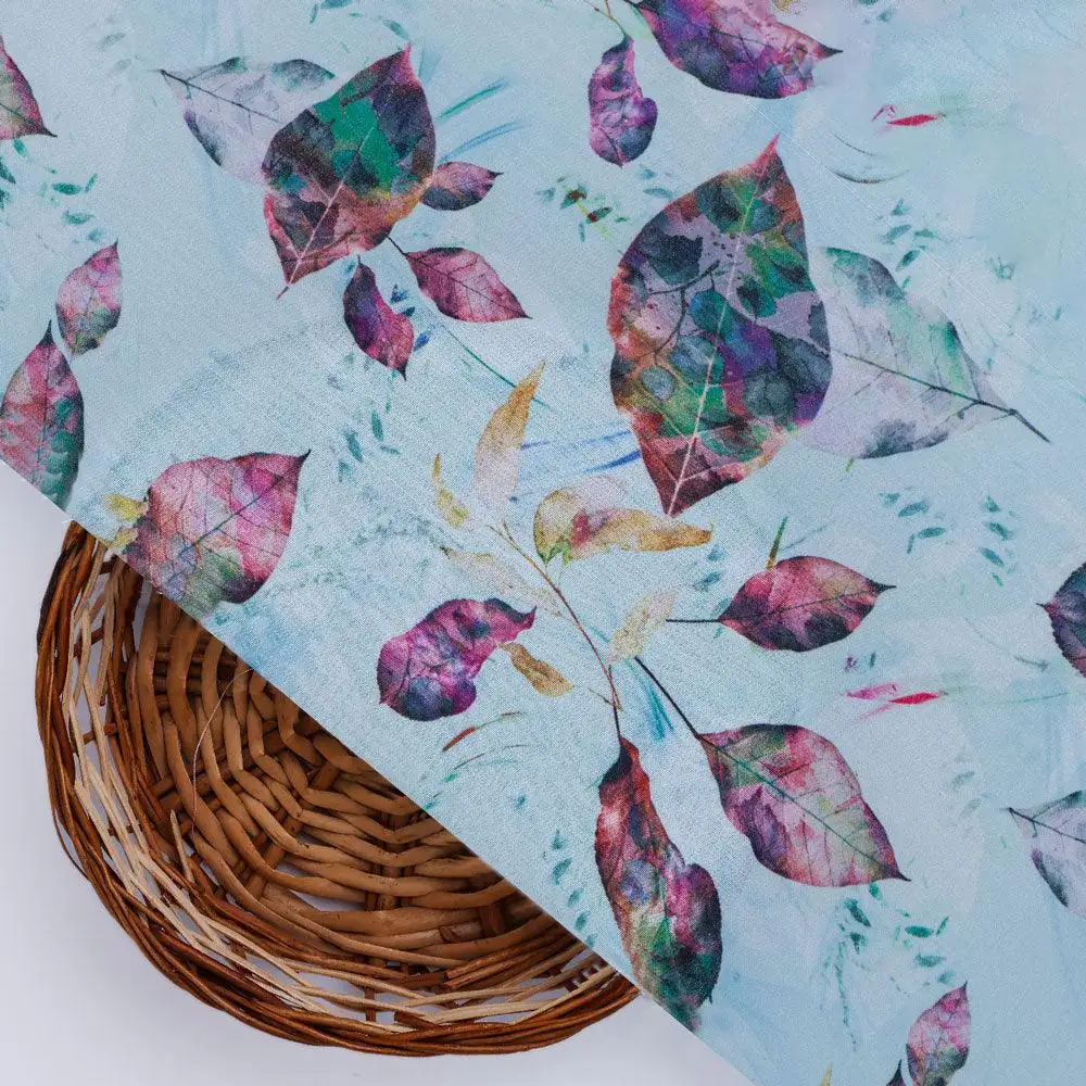 Watercolour Autumnal Leaves With Green Sprinkle Digital Printed Fabric - Kora Silk - Image 2