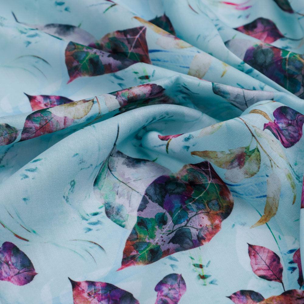 Watercolour Autumnal Leaves With Green Sprinkle Digital Printed Fabric - Kora Silk - Image 3