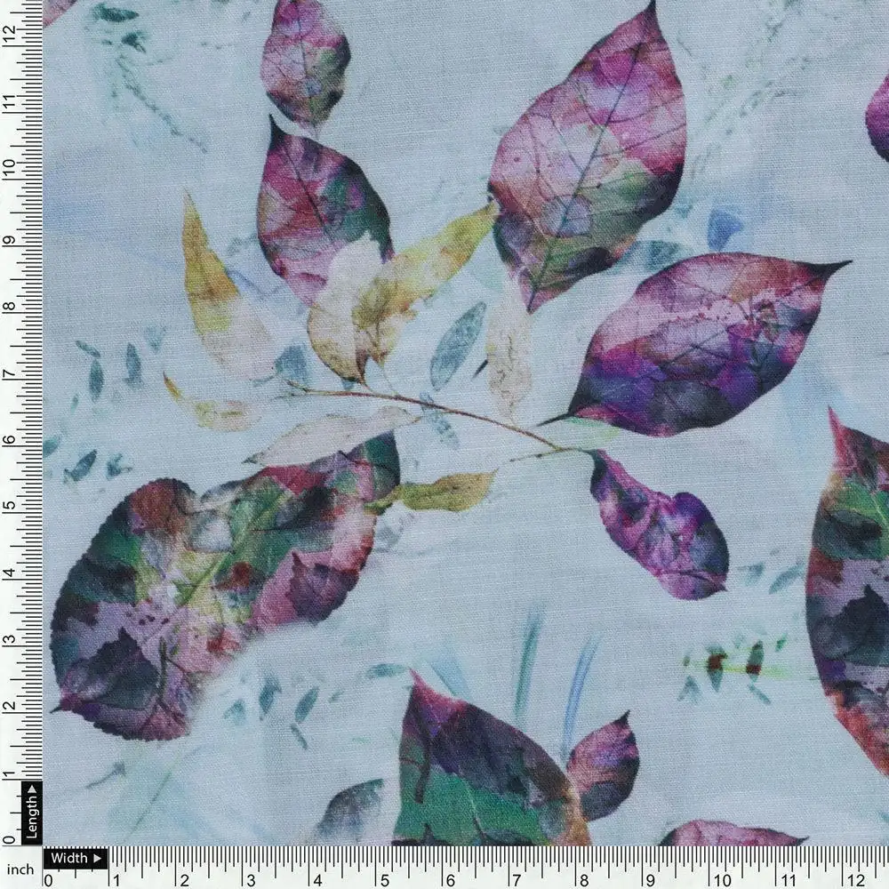 Watercolour Autumnal Leaves With Green Sprinkle Digital Printed Fabric - Kora Silk - Image 4