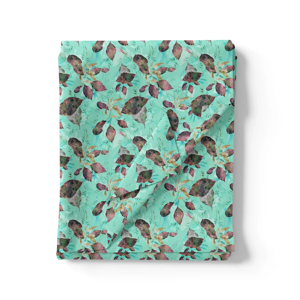 Watercolour Autumnal Leaves With Green Sprinkle Digital Printed Fabric - Pure Cotton - Image 3