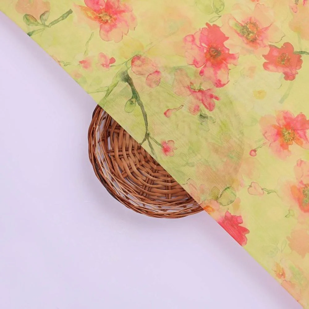 Watercolour Floral Bloom on Lime Green Organza Fabric - Image 2