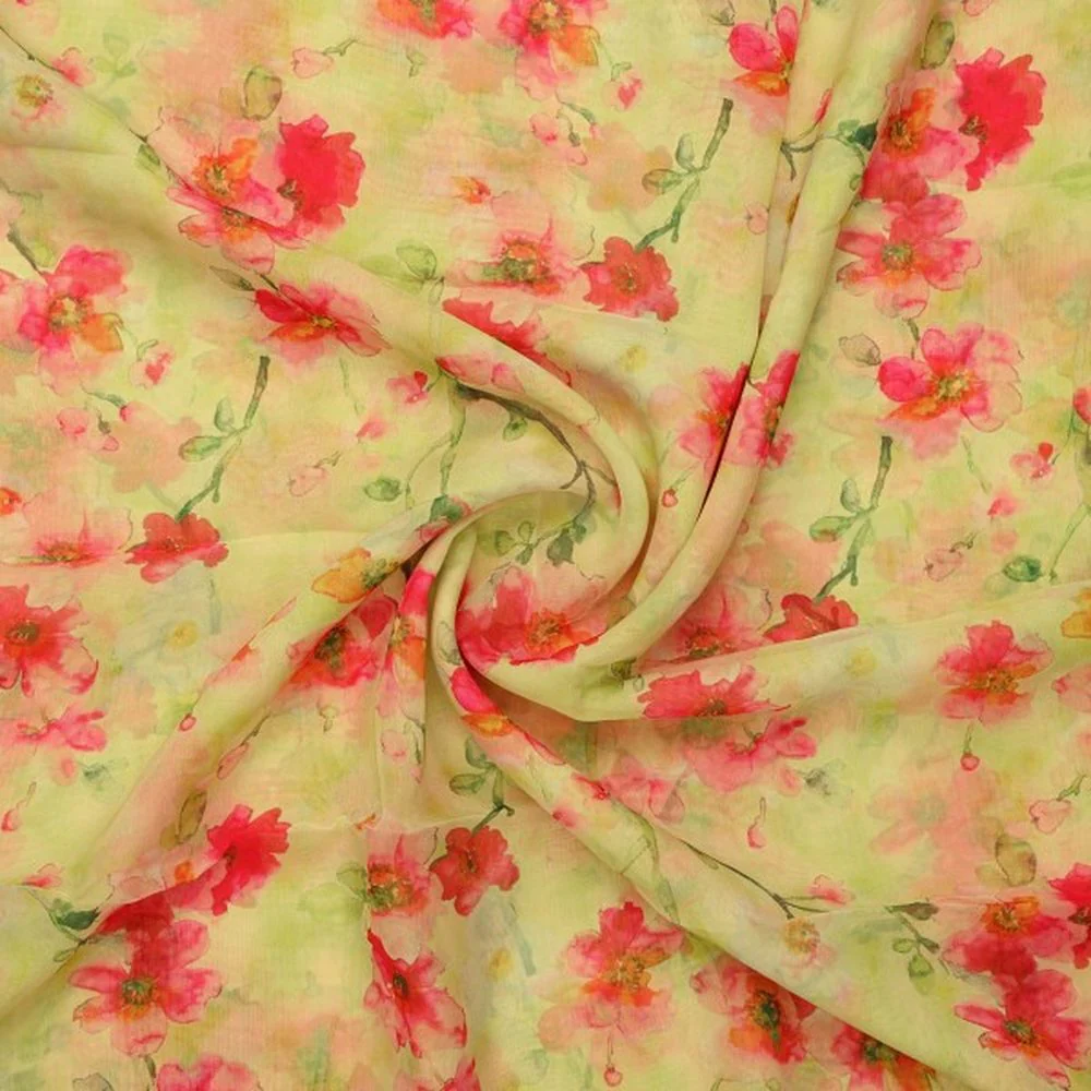 Watercolour Floral Bloom on Lime Green Organza Fabric - Image 3