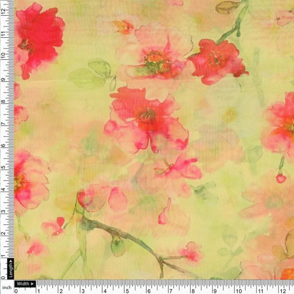 Watercolour Floral Bloom on Lime Green Organza Fabric - Image 4
