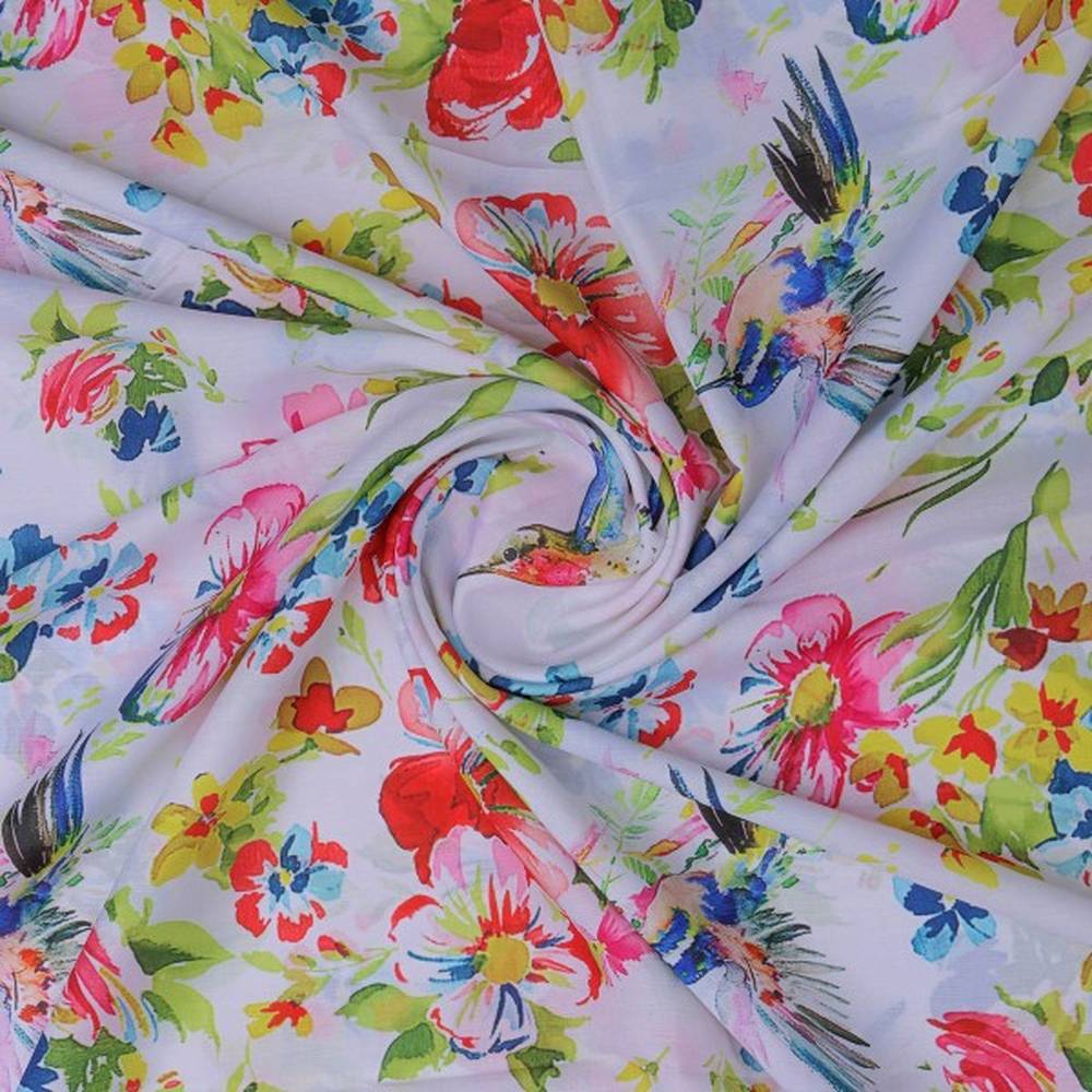 Watercolour Hummingbird & Floral Printed Muslin Fabric - Image 3