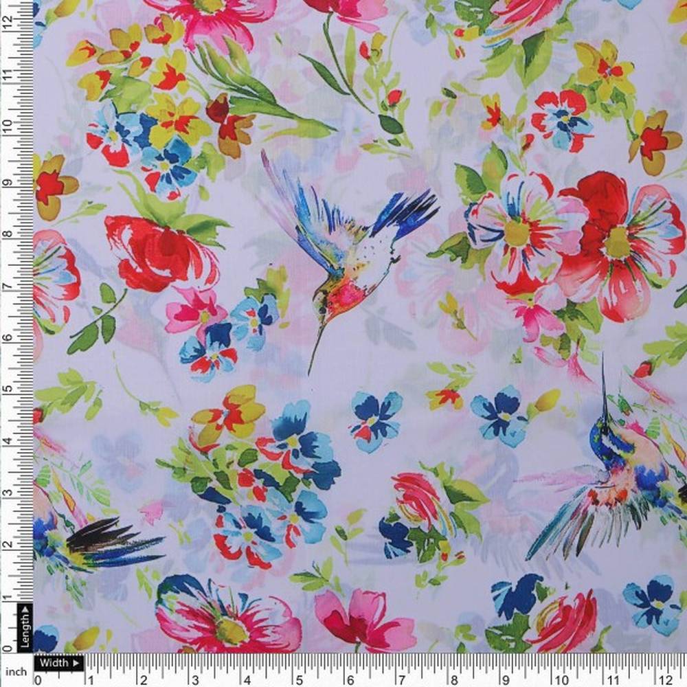 Watercolour Hummingbird & Floral Printed Muslin Fabric - Image 4