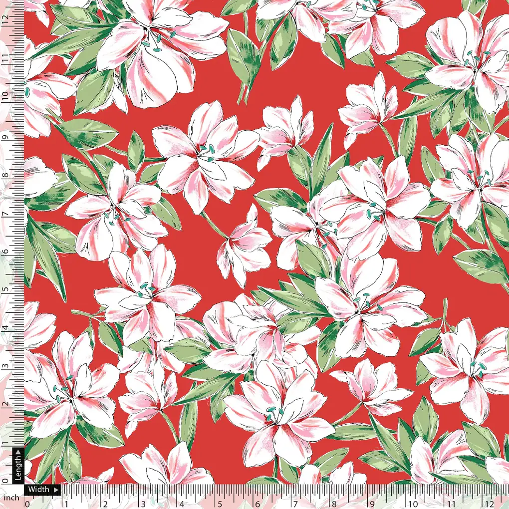 Watercolour Orchid Flower With Green Leaves Digital Printed Fabric - Image 5