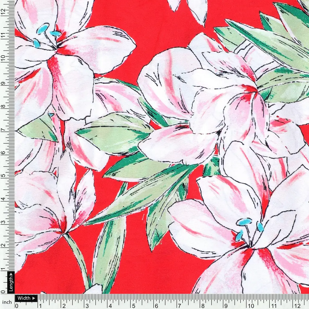 Watercolour Orchid Flower With Green Leaves Digital Printed Fabric - Japan Satin - Image 4