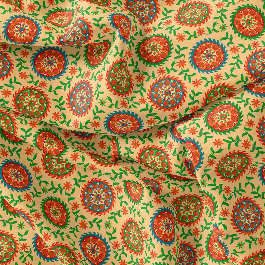 Watercolour Paint Suzani Pattern Digital Printed Fabric - Upada Silk - Image 3