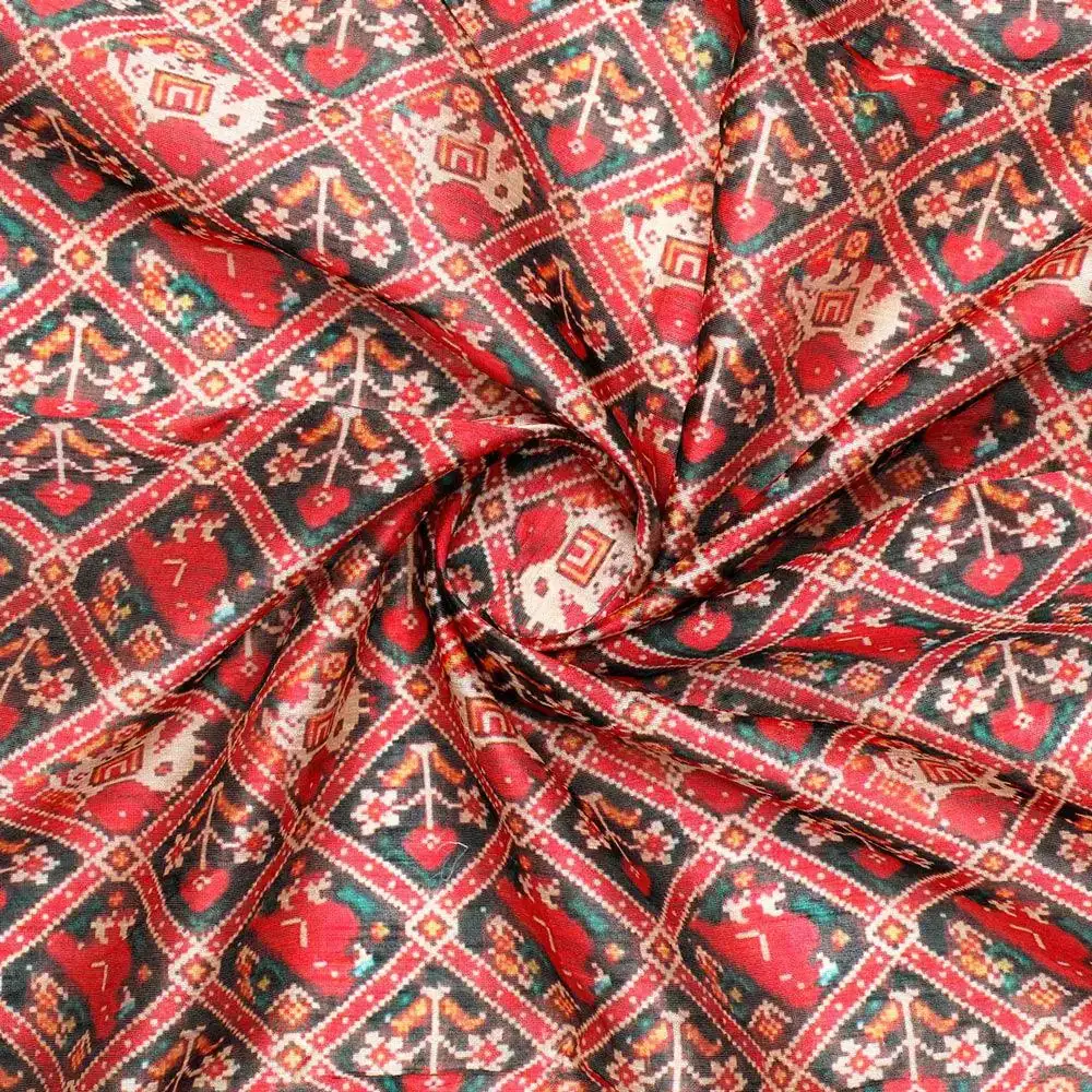 Wedding Patola Design Digital Printed Fabric - Tusser Silk - Image 3