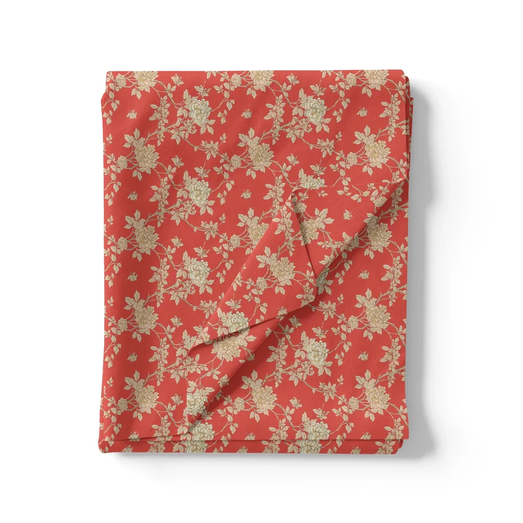 Western Golden Flower With Orange Background Digital Printed Fabric - Image 3