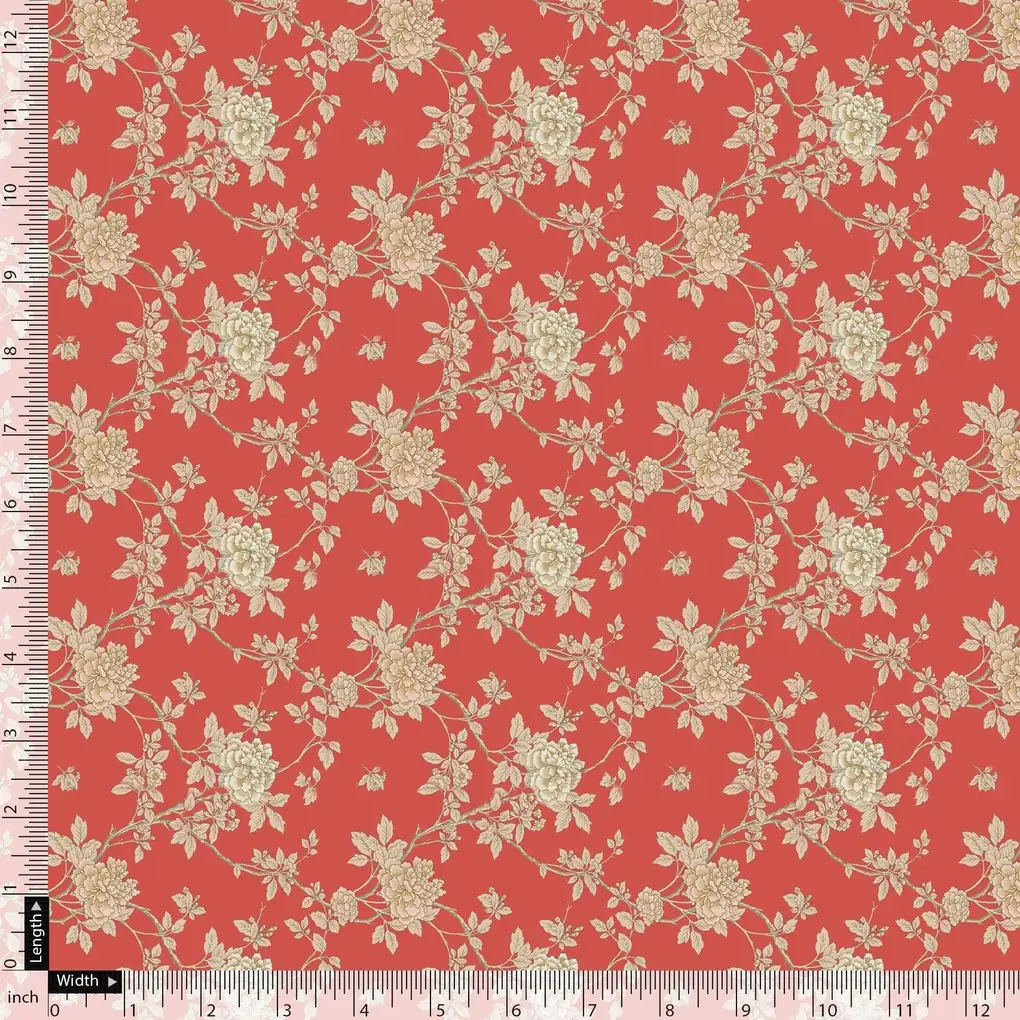 Western Golden Flower With Orange Background Digital Printed Fabric - Image 5
