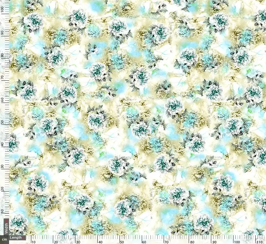 White And Ocean Blue Floral Repeat Digtal Printed Fabric - Image 3