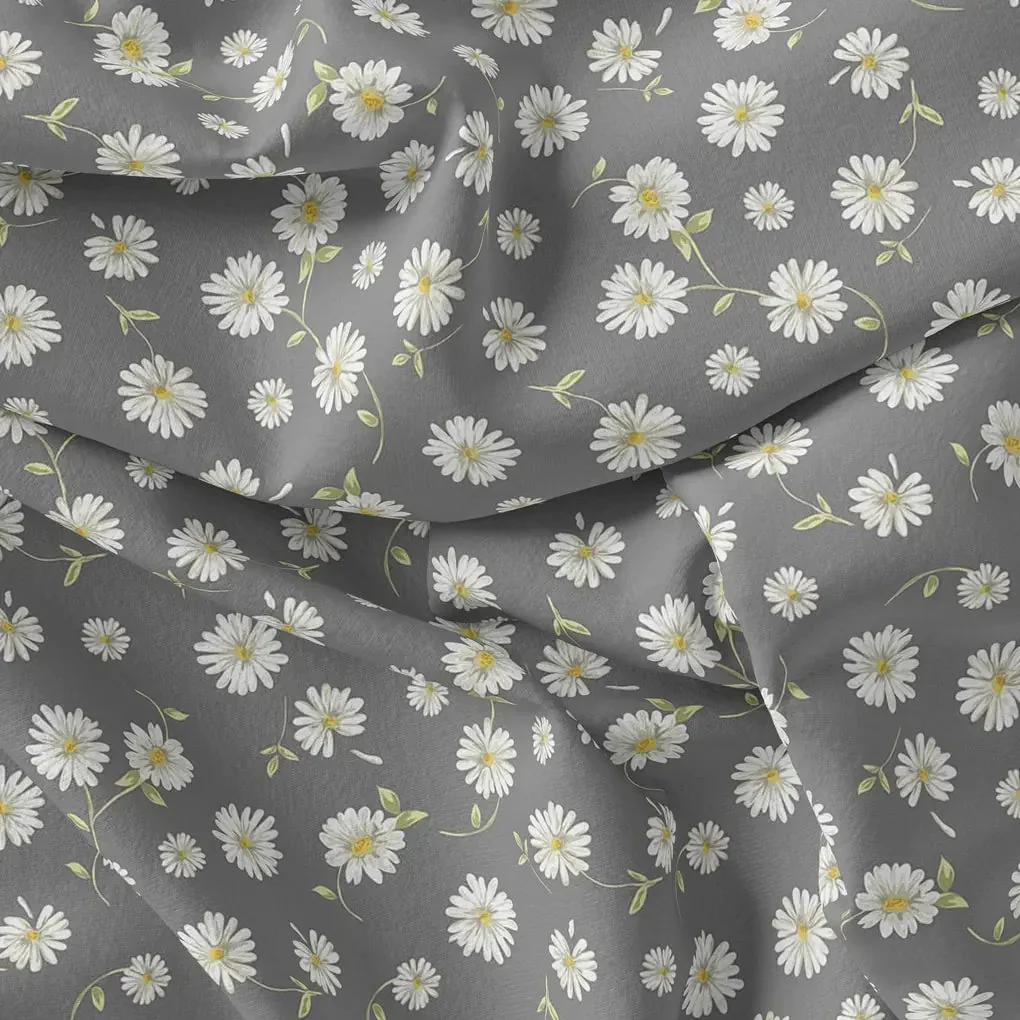 White Aster With Gray Background Digital Printed Fabric - Image 3
