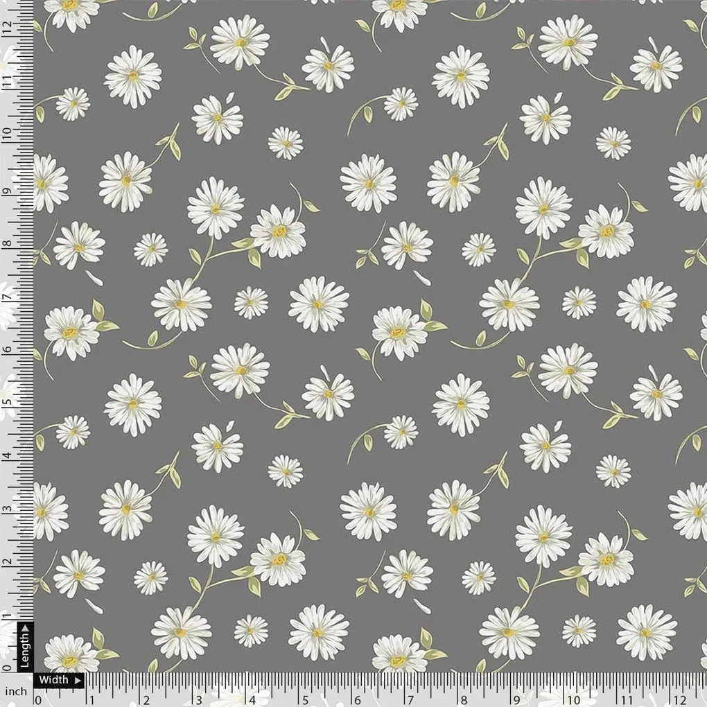 White Aster With Gray Background Digital Printed Fabric - Image 4