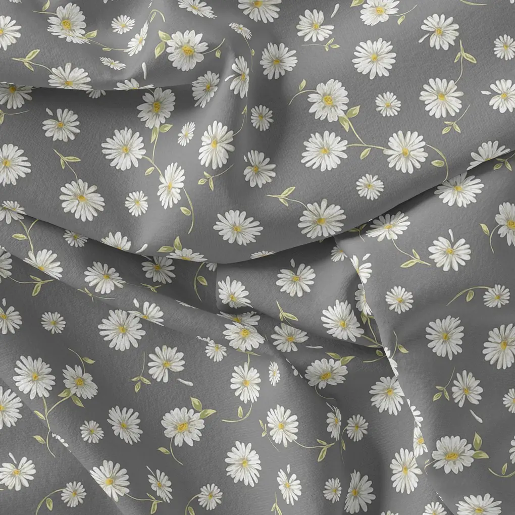 White Aster With Gray Background Digital Printed Fabric - Japan Satin - Image 3
