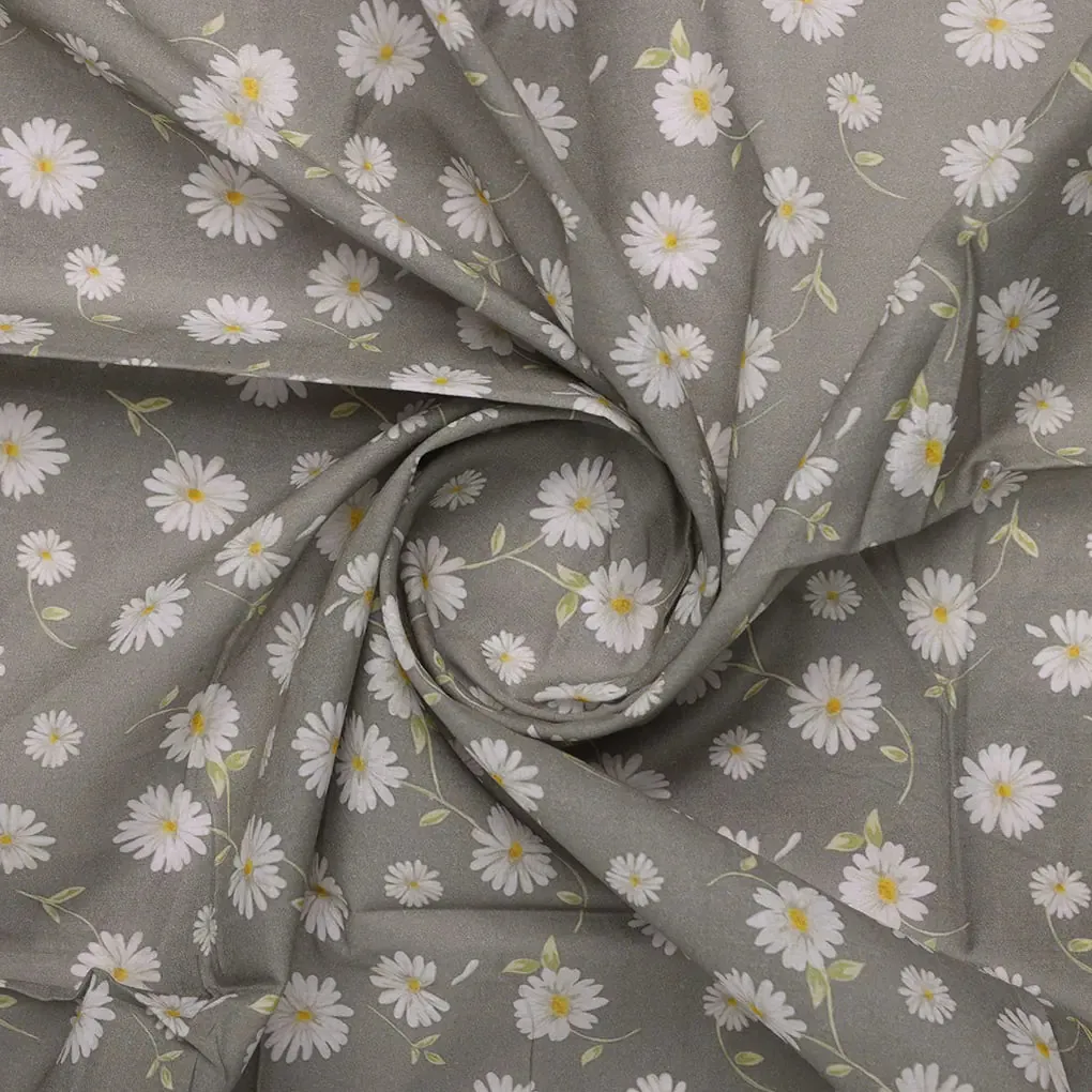 White Aster With Gray Background Digital Printed Fabric - Cotton - Image 2