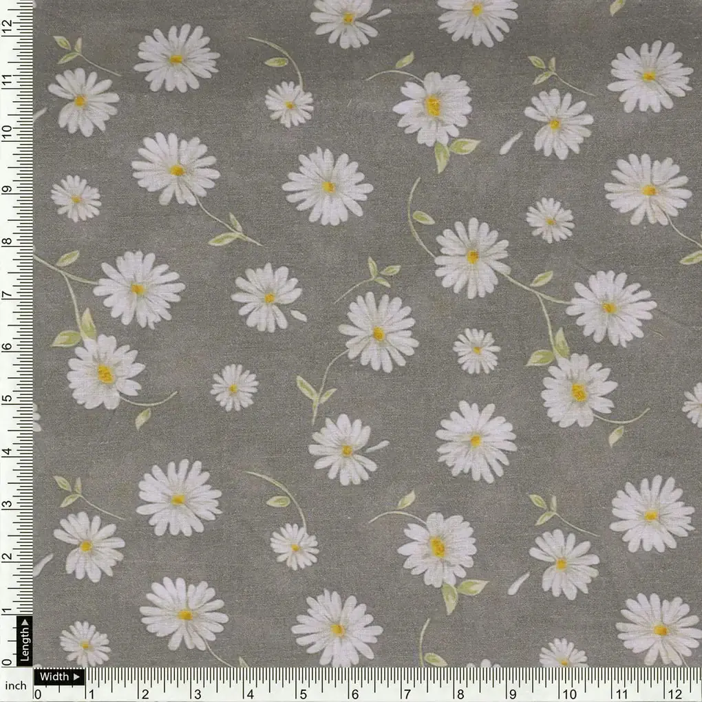 White Aster With Gray Background Digital Printed Fabric - Cotton - Image 4