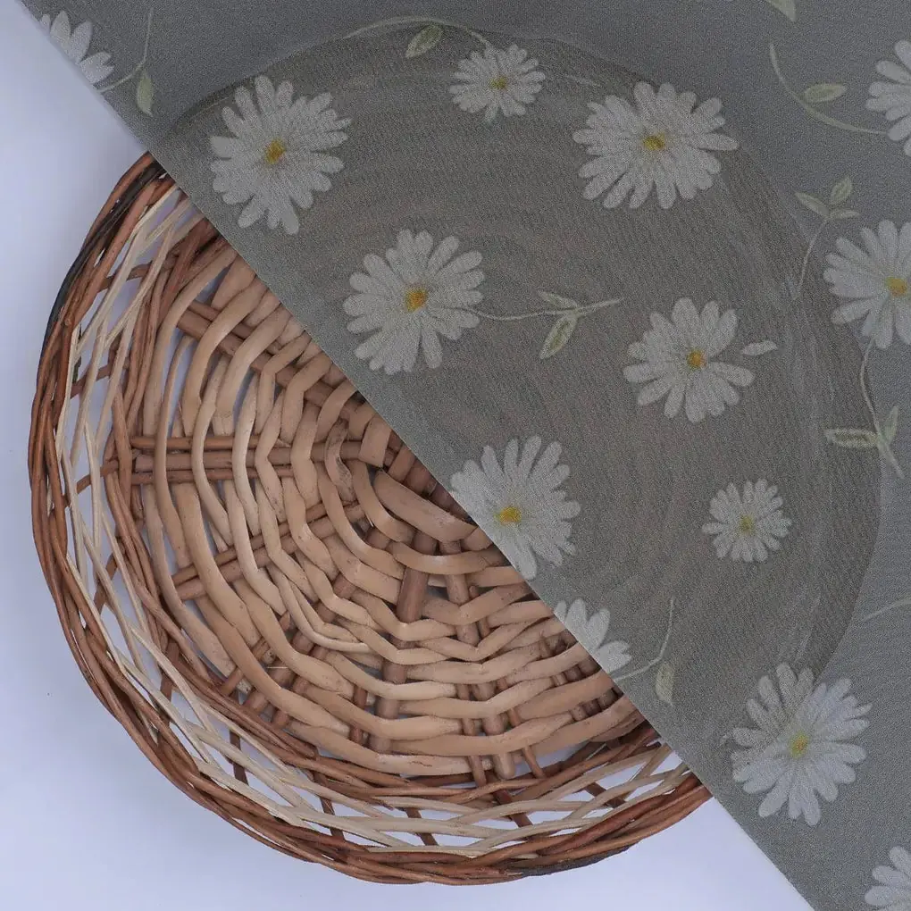 White Aster With Gray Background Digital Printed Fabric - Pure Georgette - Image 2