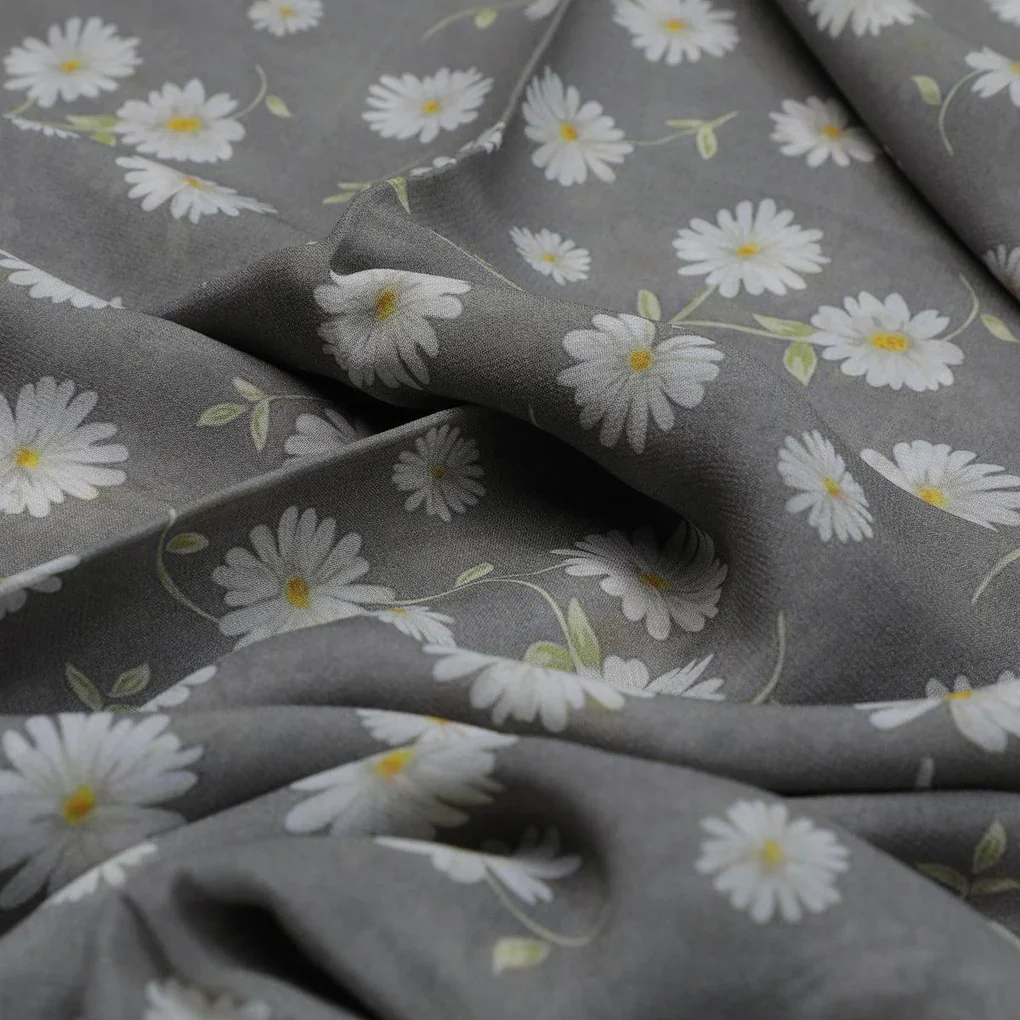 White Aster With Gray Background Digital Printed Fabric - Pure Georgette - Image 3