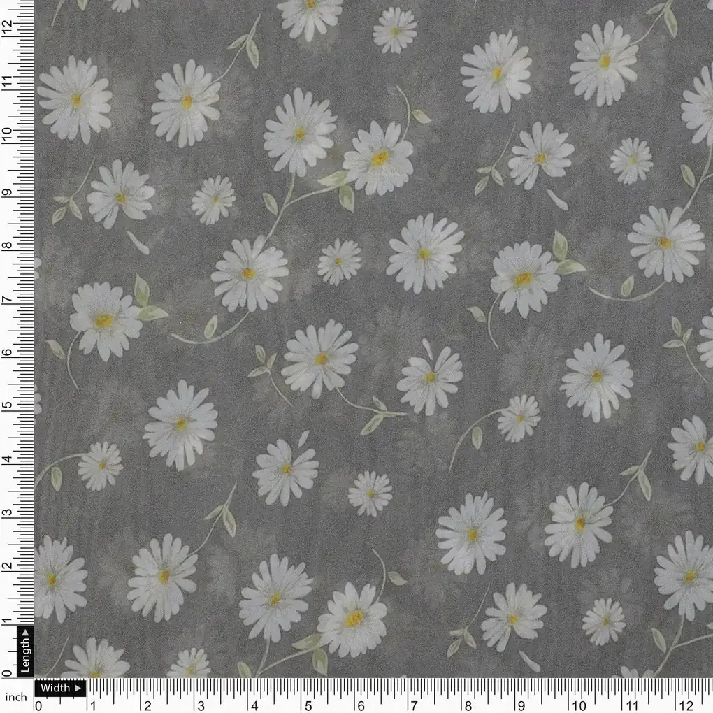 White Aster With Gray Background Digital Printed Fabric - Pure Georgette - Image 4