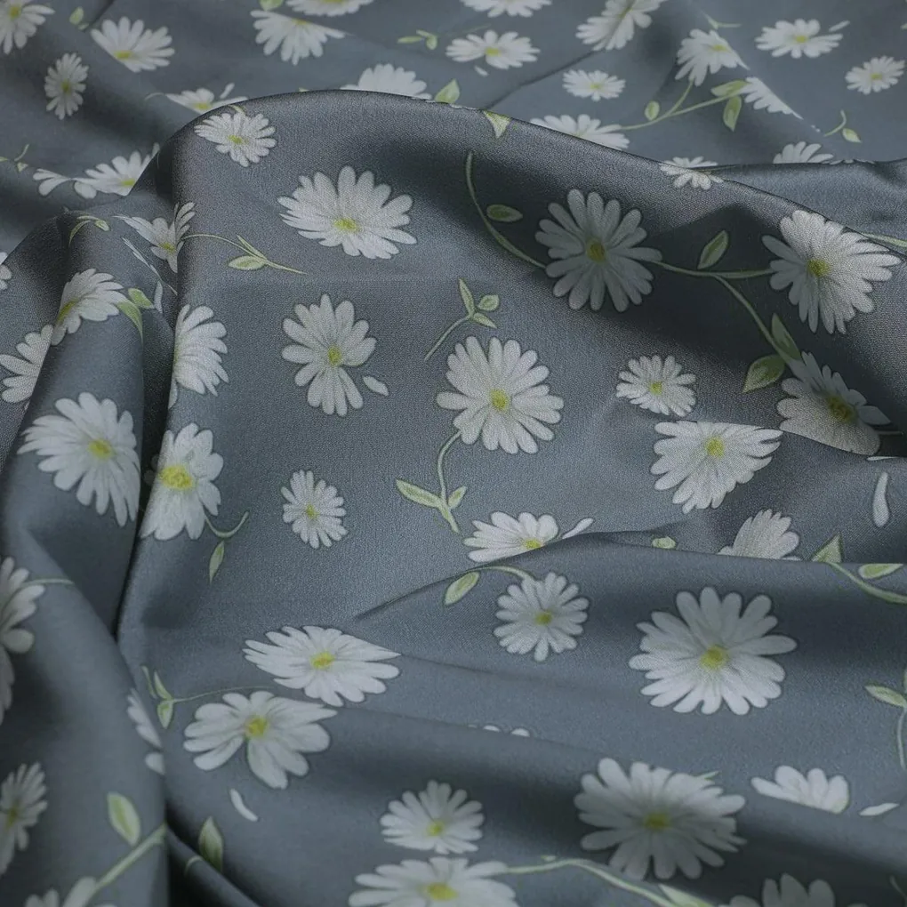 White Aster With Gray Background Digital Printed Fabric - Silk Crepe - Image 3