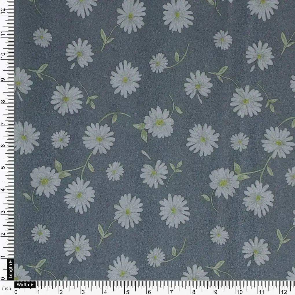 White Aster With Gray Background Digital Printed Fabric - Silk Crepe - Image 4