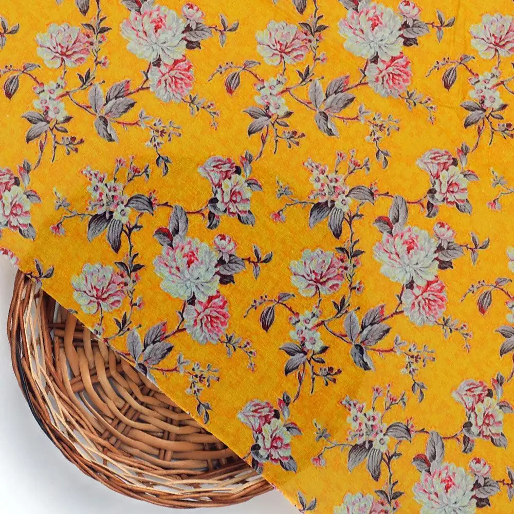 Yellow Calico Pure Cotton Printed Fabric Material - Image 3