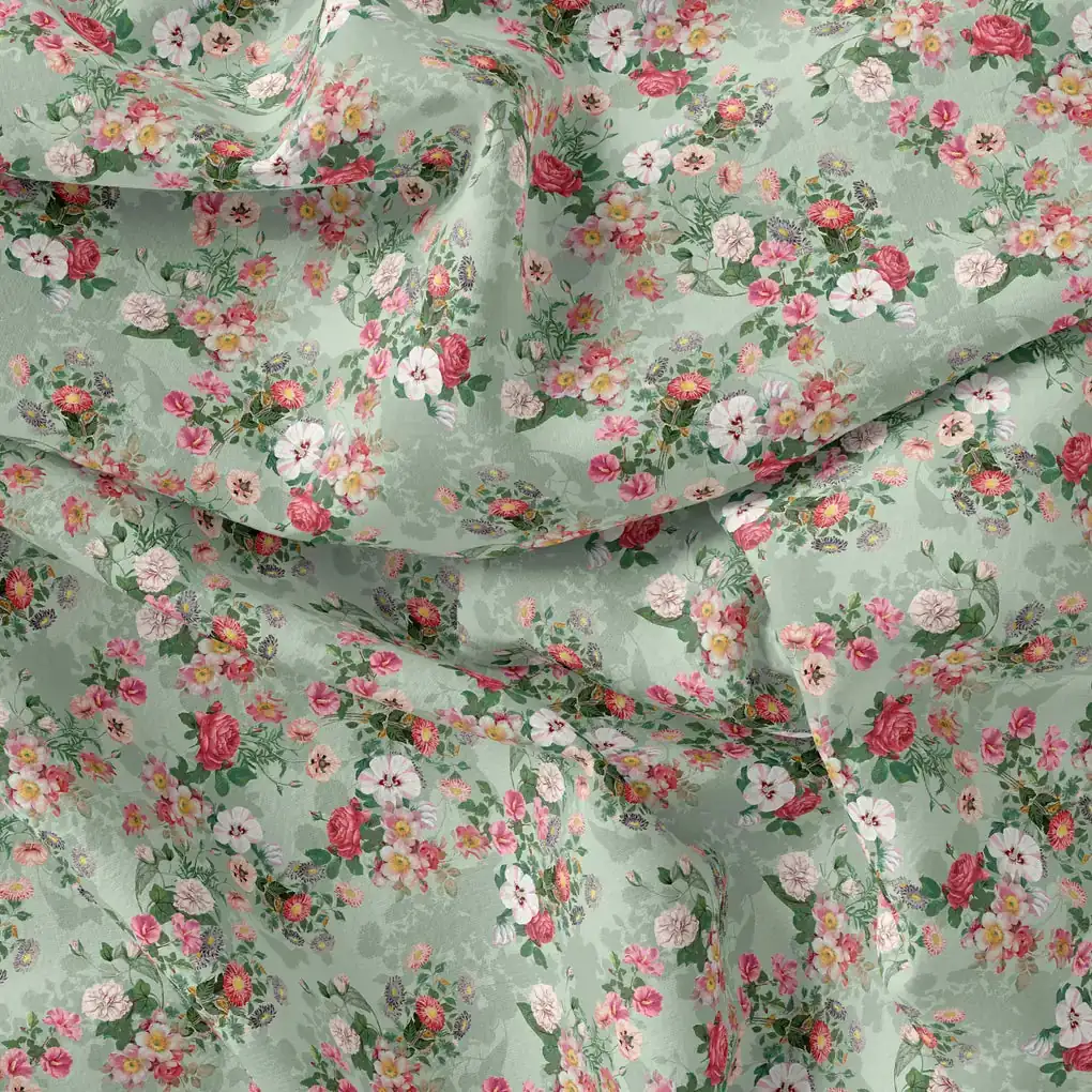 White Daisy With Red Roses Floral Digital Printed Fabric - Image 4
