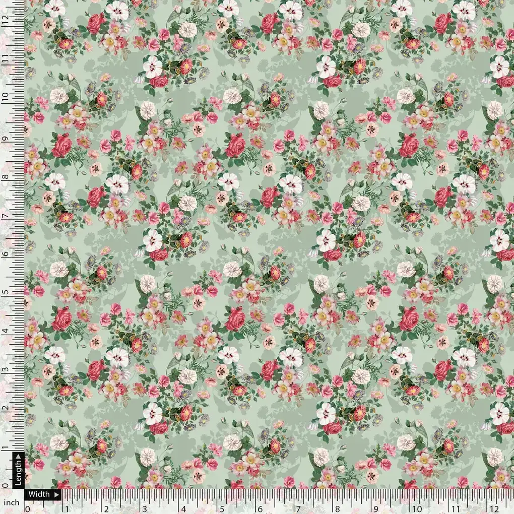 White Daisy With Red Roses Floral Digital Printed Fabric - Image 5