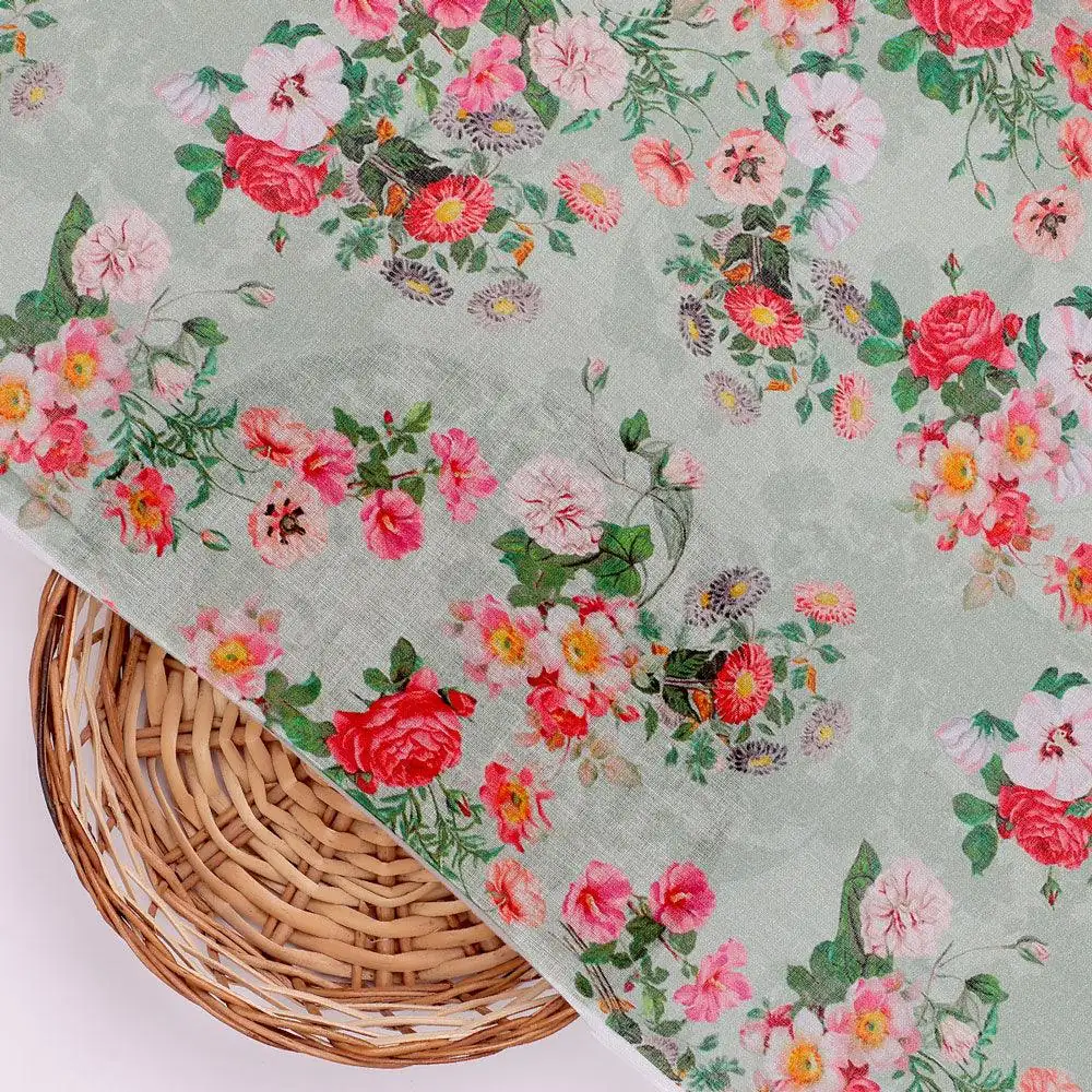 White Daisy With Red Roses Floral Digital Printed Fabric - Pure Cotton - Image 2