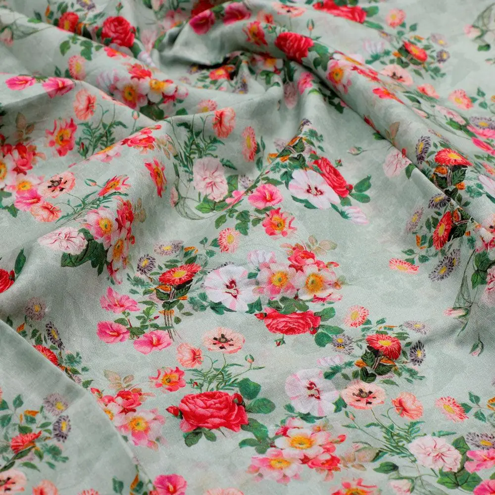 White Daisy With Red Roses Floral Digital Printed Fabric - Pure Cotton - Image 3