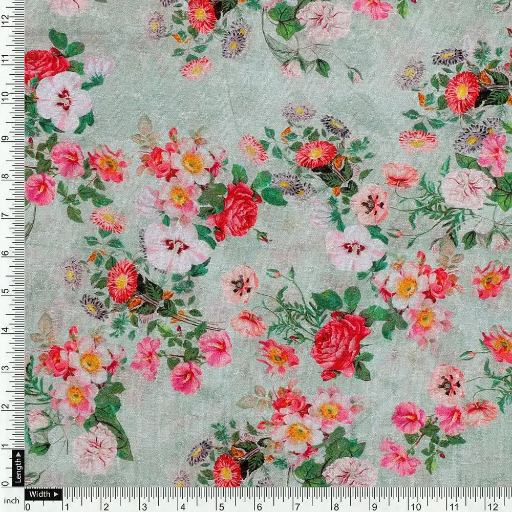 White Daisy With Red Roses Floral Digital Printed Fabric - Pure Cotton - Image 4