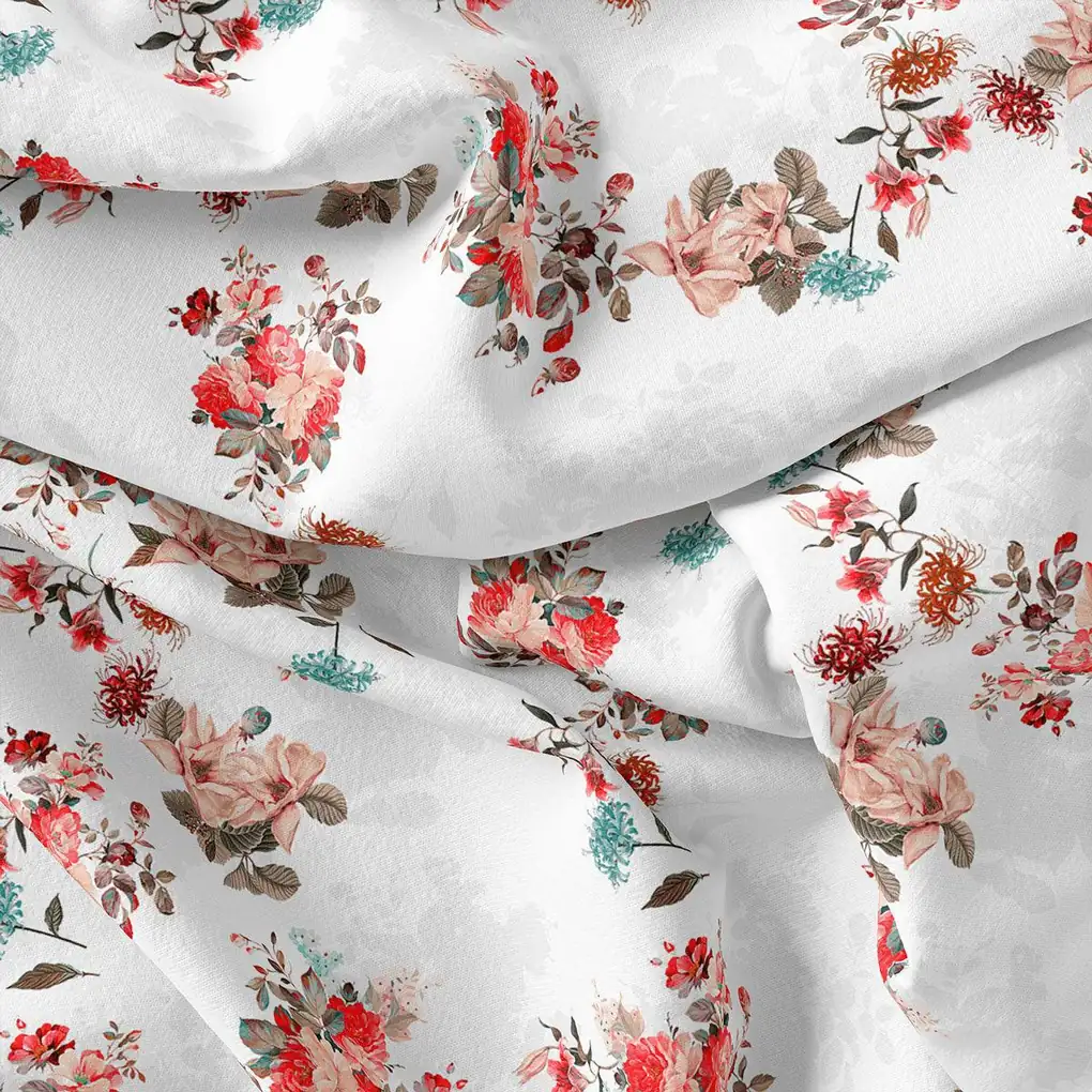 White Floral Printed Pure Cotton Fabric Material - Image 4