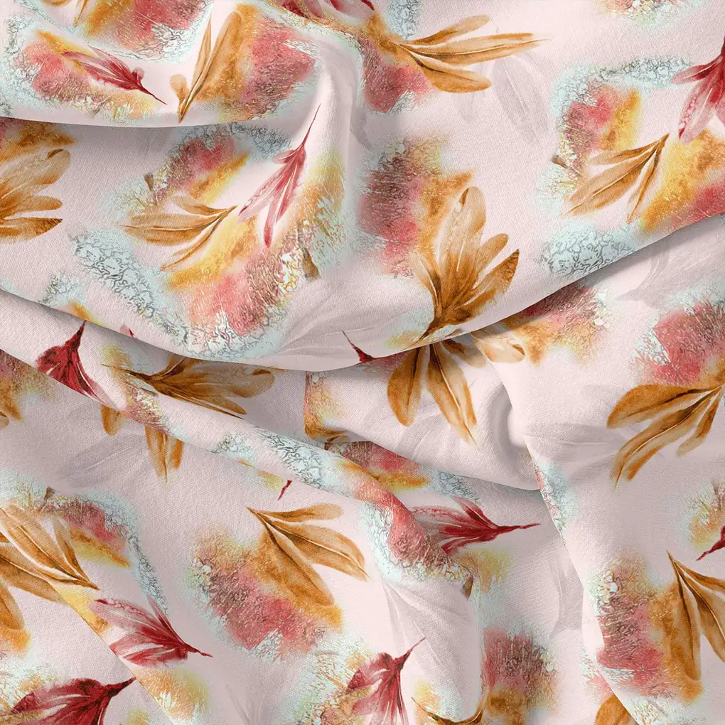 White Gloss Leaves Japan Satin Printed Fabric - Image 4