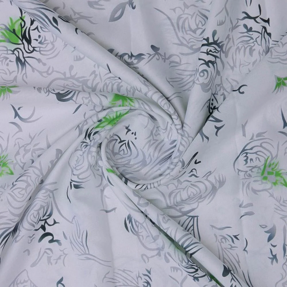 White & Grey Abstract Floral Rayon Fabric with Green Accents - Image 3