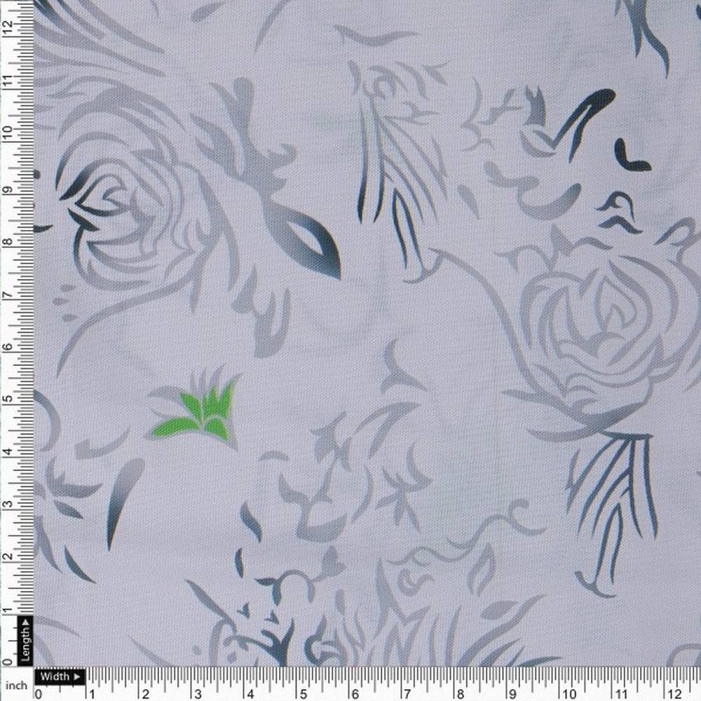 White & Grey Abstract Floral Rayon Fabric with Green Accents - Image 4