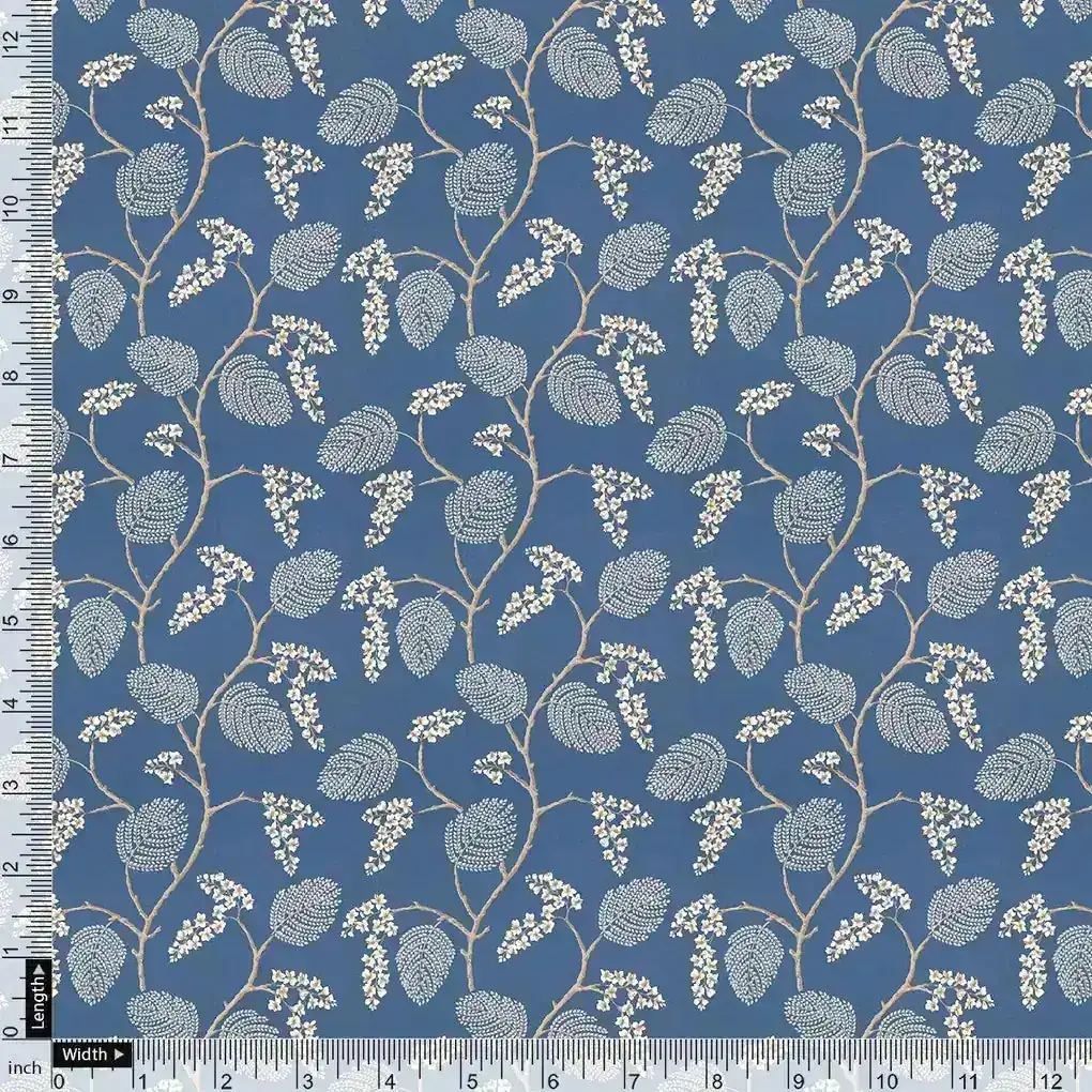 White Jasud Flower With Stalk Digital Printed Fabric - Kora Silk - Image 4
