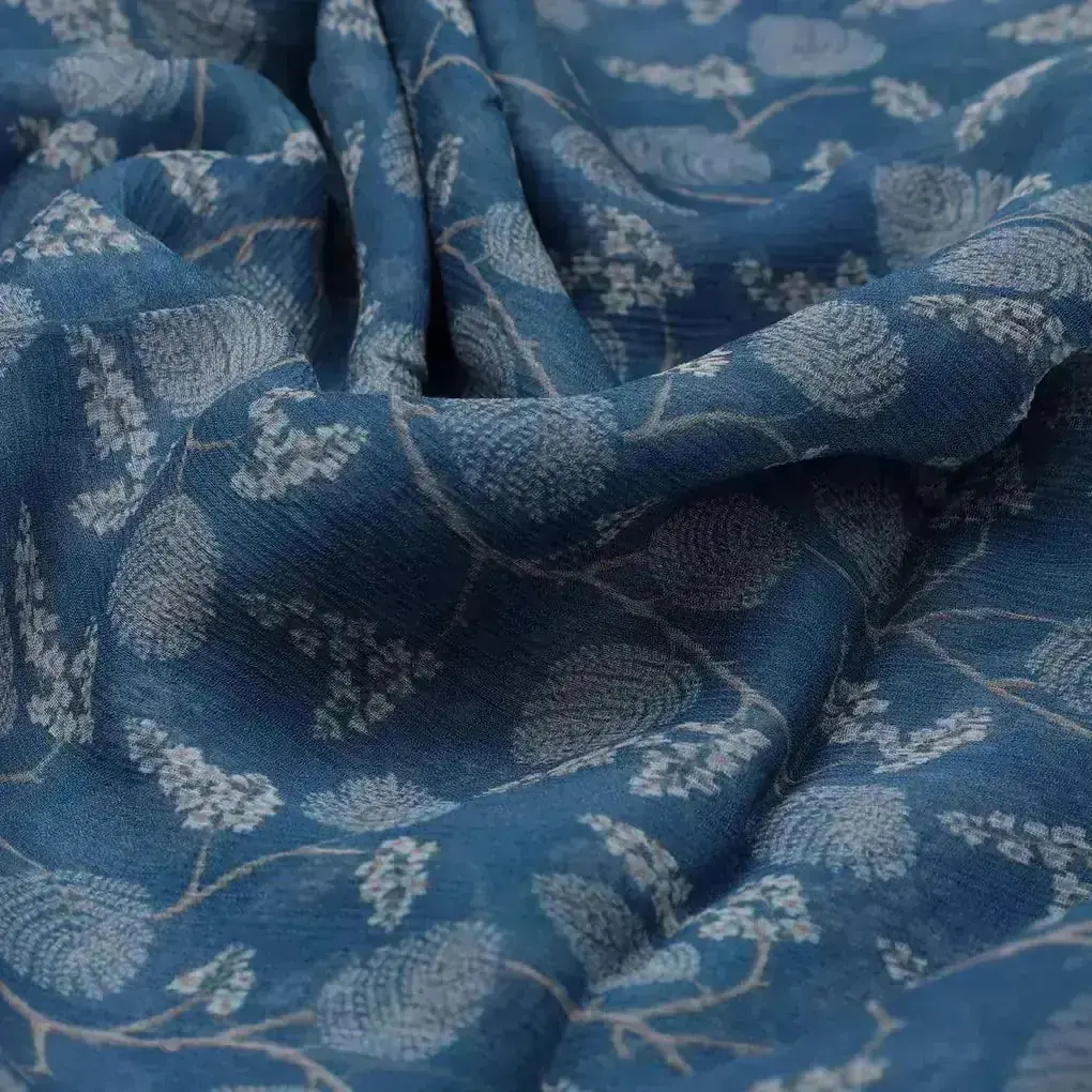 White Jasud Flower With Stalk Digital Printed Fabric - Pure Chiffon - Image 3