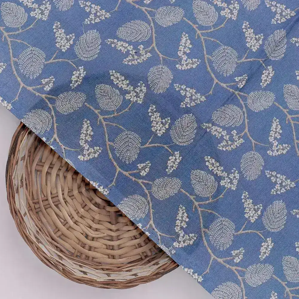 White Jasud Flower With Stalk Digital Printed Fabric - Pure Cotton - Image 2